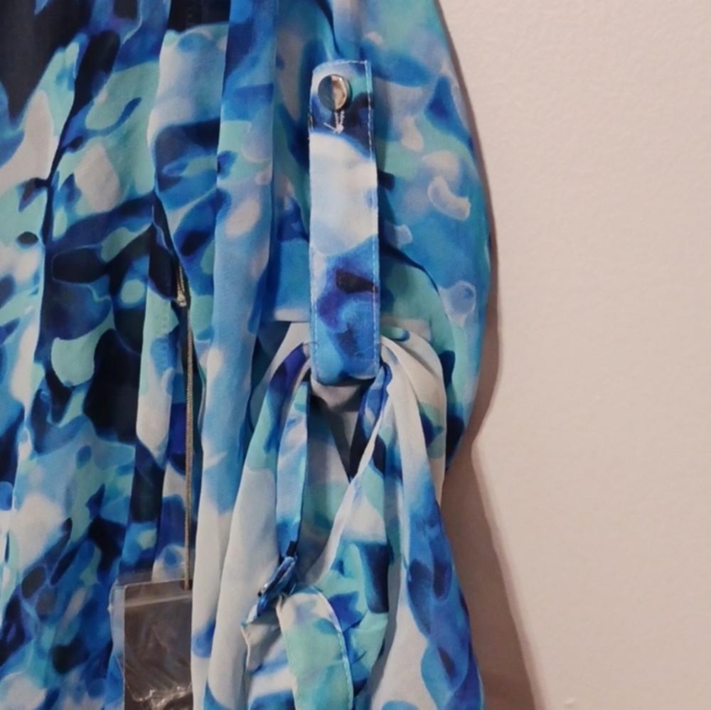 Jennifer Lopez Blue Sheer Blouse string tie Silver Buttons on Sleep - Picture 3 of 11